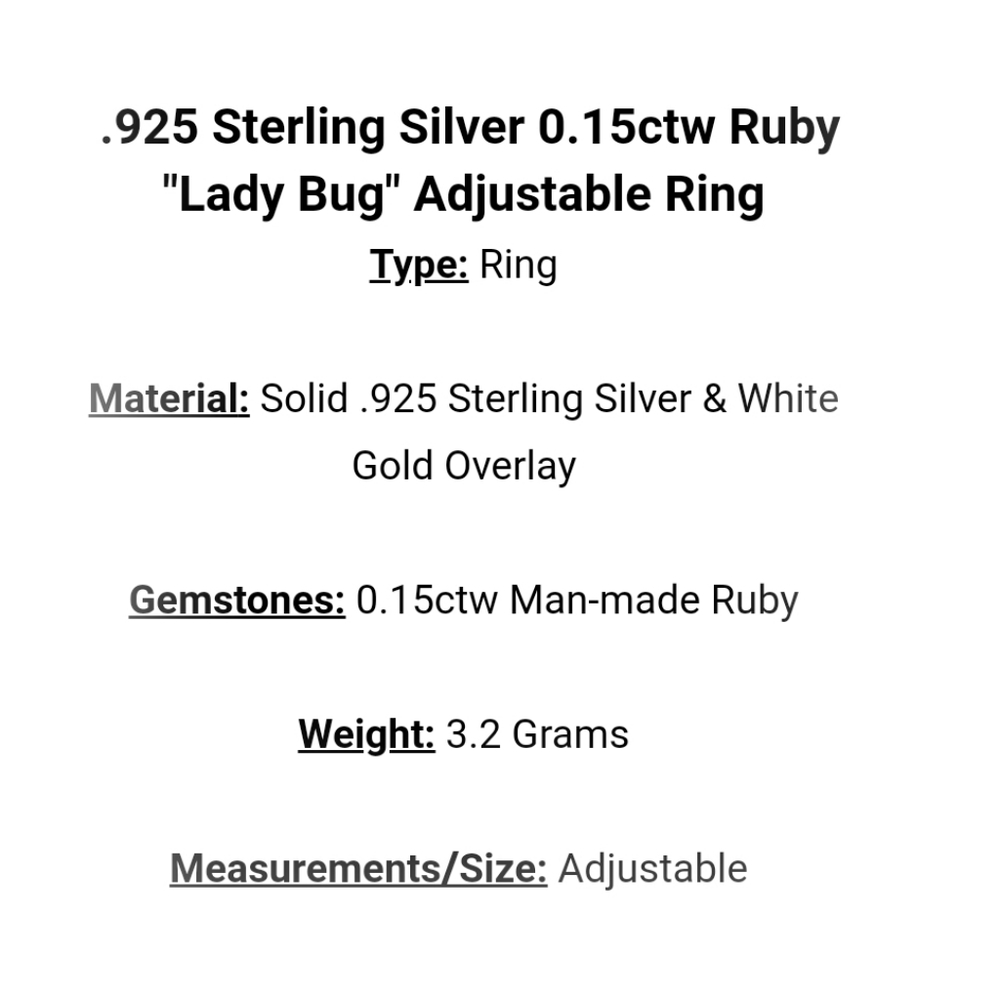 Lady Bugs Ring - 925 SS White Gold Overlay & Ruby - Picture 4 of 12